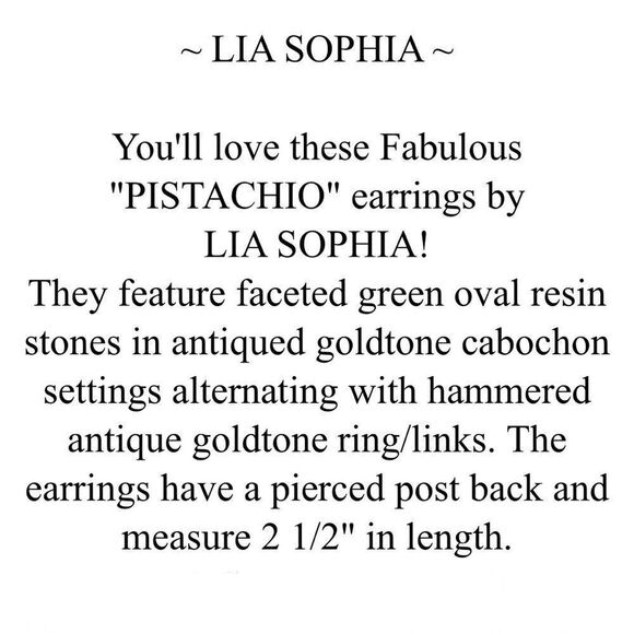 Lia Sophia “Pistachio” Earrings w/Green Oval Gems & Antiqued Goldtone - Picture 5 of 9
